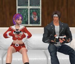 1girl 2boys asamiya_athena idol kusanagi_kyou multiple_boys playing_games purple_hair snk the_king_of_fighters the_king_of_fighters_&#039;99 the_king_of_fighters_xv xnalara yagami_iori