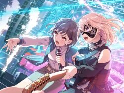 2girls 7-string_guitar bang_dream! bang_dream!_it&#039;s_mygo!!!!! belt black_dress black_mask blonde_hair blue_jacket blush brown_corset brown_eyes clothing_cutout collared_shirt corset dithering doloris_(bang_dream!) dress dress_shirt earrings electric_guitar grey_hair grey_skirt guitar holding holding_guitar holding_instrument holding_microphone holding_plectrum instrument jacket jewelry long_sleeves lower_teeth_only mask masquerade_mask medium_hair microphone misumi_uika multiple_girls official_art open_clothes open_jacket open_mouth plectrum purple_eyes shirt short_hair shoulder_cutout skirt speaker stage_lights takamatsu_tomori teeth third-party_source white_shirt white_sleeves yellow_belt