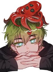 1boy 3yuseong3 aged_down animal black_hoodie black_sclera black_shirt blue_eyes colored_eyelashes colored_sclera extra_eyes green_eyes green_hair highres hood hoodie lo_po_bia_traumerei long_sleeves looking_at_viewer octopus original own_hands_together shirt short_hair solo tentacles translation_request white_background