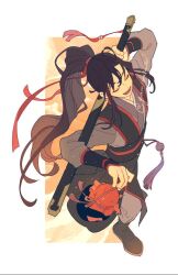 1boy alternate_costume black_boots black_hair black_hanfu boots chinese_clothes closed_eyes from_above full_body gumiyasaisai hair_ribbon hanfu holding holding_jar holding_sword holding_weapon jar letterboxed long_hair male_focus modao_zushi open_mouth ponytail red_ribbon ribbon sheath sheathed smile solo sword tassel tunic twitter_username very_long_hair weapon wei_wuxian yaopei