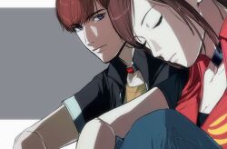 Rule 34 | 1boy, 1girl, amikoiiko, arm on knee, black choker, black jacket, black shirt, blue eyes, breasts, brown hair, choker, claire redfield, cleavage, closed eyes, closed mouth, collarbone, commentary, denim, grey background, head down, highres, jacket, jeans, knees up, letterboxed, long hair, looking at another, looking to the side, pants, pink lips, ponytail, prisoner, red jacket, resident evil, resident evil - code: veronica, shirt, short-sleeved jacket, short hair, short sleeves, simple background, sleeveless, sleeveless jacket, sternocleidomastoid muscle, steve burnside, two-tone background, white background, yellow shirt