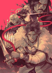 1girl absolum_art alucard_(castlevania) artist_logo bat_(animal) beard black_hair blonde_hair blood blood_on_face bloody_tears candle cape castlevania_(series) coat collared_coat collared_shirt crying dhampir dracula_(castlevania) facial_hair fangs fire half-human highres knife logo long_hair looking_at_viewer magic mature_male multiple_boys red_background red_eyes scar scar_across_eye scar_on_face shirt short_hair sword sypha_belnades teeth trevor trevor_c._belmont undead vampire weapon whip wristband