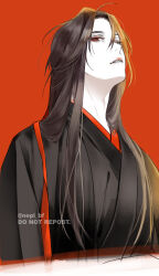 1boy ahoge bishounen black_hair black_hanfu brown_hair chinese_clothes hair_between_eyes hair_down hair_ribbon half_updo hanfu highres limited_palette long_hair looking_at_viewer looking_down male_focus modao_zushi official_alternate_hairstyle pale_skin parted_lips red_background red_eyes red_ribbon ribbon simple_background solo spot_color twitter_username upper_body watermark wei_wuxian wei_wuxian_(yiling_laozu) ykmr_(haga)