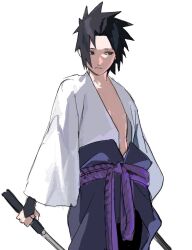 Rule 34 | 1boy, black gloves, black hair, black pants, closed mouth, commentary request, cowboy shot, eroero tyaduke, fingerless gloves, gloves, highres, holding, holding sword, holding weapon, japanese clothes, long sleeves, looking to the side, male focus, naruto (series), naruto shippuuden, open clothes, open shirt, pants, purple rope, rope, rope belt, scabbard, sheath, shirt, sideways glance, simple background, solo, spiked hair, standing, sword, uchiha sasuke, weapon, white background, white shirt, wide sleeves