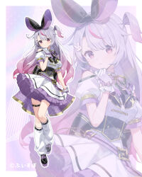 1girl bare_shoulders black_shoes bow bowtie breasts closed_mouth full_body gloves gradient_hair grey_hair layered_skirt long_hair looking_at_viewer loose_socks medium_breasts multicolored_hair nokachoco114 official_art one_side_up pink_hair shoes short_sleeves skirt socks standing streaked_hair thigh_strap tosaki_mimi virtual_youtuber vspo! white_gloves white_hair white_skirt white_socks zoom_layer
