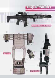 ammunition_pouch arknights arktic assault_rifle blemishine_(arknights) bulletproof_vest english_text equipment_layout fb_msbs_grot foregrip gun gun_sling highres laser_sight load_bearing_equipment load_bearing_vest magazine_(weapon) no_humans optical_sight pouch rifle vertical_foregrip weapon