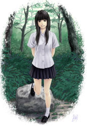 1girl arms_behind_back black_eyes black_hair female_focus forest legs looking_at_viewer mcq nature original pleated_skirt rock signature skirt smile solo standing standing_on_one_leg tree