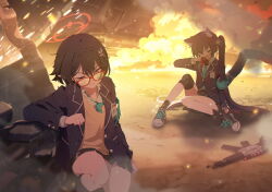 Rule 34 | 2girls, animal ear fluff, animal ears, ayane (blue archive), black hair, black shoes, black skirt, black socks, blue archive, blue jacket, blue ribbon, braid, brown eyes, cat ears, cat girl, clenched teeth, closed eyes, crack, cracked glass, crown braid, fang, glasses, gloves, hair between eyes, highres, jacket, kneehighs, multiple girls, non-web source, official art, one eye closed, open mouth, plaid clothes, plaid skirt, pointy ears, red-framed eyewear, red gloves, ribbon, serika (blue archive), shirt, shoes, short hair, sidelocks, skirt, sneakers, socks, sweater, teeth, torn clothes, twintails, white shirt, yellow sweater