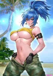1girl arm_pouch artist_name bare_arms bare_shoulders blue_eyes blue_hair breasts camouflage camouflage_pants cargo_pants cleavage collarbone crop_top dog_tags earrings highres jewelry large_breasts leona_heidern lips long_hair looking_at_viewer navel outdoors oyaman pants parted_lips ponytail snk soldier solo stomach tank_top the_king_of_fighters the_king_of_fighters_xiv thighs triangle_earrings twitter_username yellow_tank_top