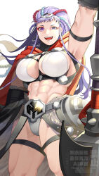 1girl abs absurdres arm_strap arm_up arm_warmers armor armpits axe bare_shoulders bikini braid breasts cape cleavage closed_mouth collar commentary_request cowboy_shot eyeshadow fangs faulds fire_emblem fire_emblem_heroes floating_hair groin highres holding holding_axe ikura_(downdexp) large_breasts long_hair looking_at_viewer makeup metal_collar multiple_braids muscular muscular_female navel nintendo partial_commentary purple_eyes red_cape red_eyeshadow simple_background skindentation smile solo standing stomach swimsuit teeth thigh_strap thighs thjazi_(fire_emblem) uneven_eyes very_long_hair waist_cape watermark white_background white_bikini white_lips