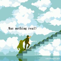 1boy cloud cloudy_sky english_text from_behind hand_on_wall highres on_stairs onlypixeeels pixel_art reflective_floor scenery shadow sky solo the_truman_show walking