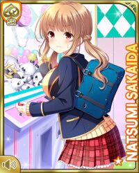 1girl arcade blazer blue_jacket breasts brown_hair card_(medium) closed_mouth crane_game day female_focus girlfriend_(kari) indoors jacket large_breasts leaning_forward long_hair official_art plaid_clothes plaid_skirt qp:flapper red_eyes red_skirt sakaida_natsumi school school_uniform shirt shoes skirt socks solo standing tagme white_shirt