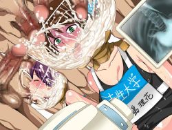 2girls 4boys bdsm blush bondage bound bowl breasts brown_hair bukkake censored cleavage closed_eyes clothed_female_nude_male clothed_sex cone_of_shame cum cum_on_body dark-skinned_male dark_skin drinking dutch_angle ejaculation erection facial fellatio funnel_(tool) game_show gokkun green_eyes gym_uniform heart_ga_hitotsu indoors large_breasts mosaic_censoring multiple_boys multiple_girls multiple_penises nude open_mouth oral original penis peril predicament_bondage purple_hair shaded_face sweat tape tears testicles the_gaman third-party_source translation_request turn_pale x-ray_film