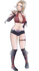 1girl ;) absurdres black_boots black_choker black_gloves black_shorts blonde_hair blowing_kiss blue_eyes boots breasts choker cleavage commentary crop_top dead_or_alive elbow_gloves english_commentary female_focus flame_print full_body gloves heart highres large_breasts looking_at_viewer medium_hair midriff musuhi narrow_waist navel one_eye_closed revealing_clothes short_shorts shorts simple_background smile solo standing star_(symbol) team_ninja tecmo thigh_strap tina_armstrong tongue tongue_out white_background wink
