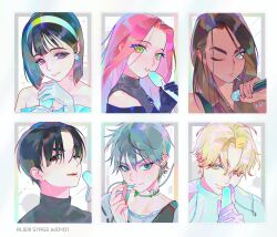 3boys 3girls alien_stage black_eyes black_hair blonde_hair border brown_hair choker curtained_hair dark-skinned_female dark_skin dress earpiece earrings ed0401 gloves green_eyes grey_eyes grey_hair hair_between_eyes hairband highres holding holding_microphone hyuna_(alien_stage) ivan_(alien_stage) jewelry lollipop_in_mouth long_hair looking_at_viewer luka_(alien_stage) microphone mizi_(alien_stage) multiple_boys multiple_girls off-shoulder_dress off_shoulder one_eye_closed pearl_earrings pink_hair portrait purple_eyes shirt short_hair smile sua_(alien_stage) thick_eyebrows till_(alien_stage) turtleneck white_background white_dress white_gloves yellow_eyes