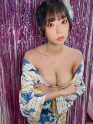 1girl aoyama_hikaru bare_shoulders black_hair breasts cleavage collarbone crossed_arms curtains hair_ornament highres indoors japanese_(nationality) japanese_clothes kimono large_breasts lipstick looking_at_viewer makeup off_shoulder photo_(medium) real_life short_hair standing