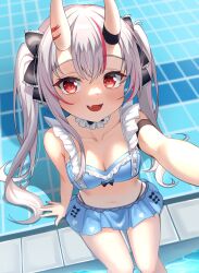 1girl absurdres bare_shoulders bikini bikini_skirt blue_bikini breasts collarbone fang heunggugi highres hololive horns long_hair looking_at_viewer medium_breasts multicolored_hair nakiri_ayame navel oni open_mouth pool poolside red_eyes sitting skin_fang smile solo streaked_hair swimsuit tiles twintails virtual_youtuber