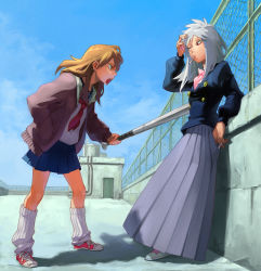 Rule 34 | 2girls, akagi, akagi: yami ni oritatta tensai, akagi shigeru, bad id, bad pixiv id, baseball bat, brown hair, delinquent, fukumoto mahjong, genderswap, genderswap (mtf), grey hair, gyaru, hand in pocket, kogal, long hair, long skirt, loose socks, multiple girls, retro artstyle, rooftop, saikyou densetsu kurosawa, school uniform, serafuku, shizuka, skirt, socks, sukeban, yukihiko