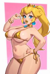 1girl absurdres ass bikini blonde_hair blue_eyes bracelet breasts cleavage crown earrings female_focus gold_bikini gold_bracelet gold_lips hand_on_own_hip highres jewelry large_breasts lipstick long_hair looking_at_viewer makeup mario_(series) navel nintendo open_mouth ponytail princess_peach riz shiny_swimsuit simple_background smile solo swimsuit