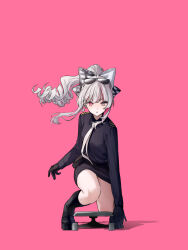 Rule 34 | 1girl, absurdres, black boots, black shirt, black shoes, black skirt, blue hair, boots, bow, brown eyes, commentary request, drill hair, drill ponytail, earrings, eyewear on head, full body, hair bow, heterochromia, high ponytail, highres, ishigami nozomi, jewelry, lace-up boots, looking at viewer, multicolored hair, necktie, nijisanji, on one knee, parted lips, pencil skirt, pink background, pink hair, plaid bow, ponytail, shadow, shirt, shoes, simple background, skateboard, skirt, solo, squatting, streaked hair, sunglasses, tone haruma, virtual youtuber, white hair, white necktie