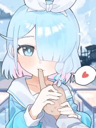 1boy 1girl arona_(blue_archive) blue_archive blue_eyes blue_hair blush chair desk finger_sucking hair_over_one_eye hair_ribbon heart hetero highres licking licking_another&#039;s_finger licking_finger loli looking_at_viewer pov pov_hands ribbon sanso_aki school_chair school_desk short_hair spoken_heart
