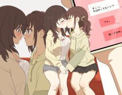 2girls absurdres black_skirt blue_eyes blush breast_press breasts brown_eyes brown_hair cellphone closed_eyes collarbone dolphin_shorts furutachi_kurea grey_shorts hair_ornament hairclip hibi_wa_sugiredo_meshi_umashi highres holding holding_hands holding_phone hood hood_down hoodie jacket kawai_mako kiss large_breasts long_hair looking_at_another multiple_girls multiple_views open_clothes open_jacket phone pleated_skirt profile shorts sincos sitting skirt small_breasts smartphone text_messaging thighs twintails yellow_hoodie yuri