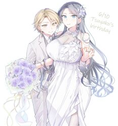 1boy 1girl asuma_mitsuya_(yunamaro) blonde_hair blue_eyes bouquet breasts cleavage closed_mouth covered_collarbone dress flower formal_clothes grey_flower grey_hair grey_necktie grey_pants grey_suit hair_flower hair_ornament highres holding holding_bouquet interlocked_fingers jewelry large_breasts long_hair long_sleeves necktie original pants purple_flower purple_rose ring rose see-through_cleavage see-through_clothes shirt short_hair slit_pupils smile suit white_background white_dress white_shirt yaotome_tsuyako_(yunamaro) yellow_eyes yunamaro