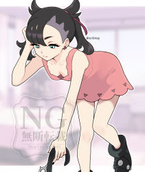 Rule 34 | 1girl, absurdres, bent over, black boots, black hair, blurry, blurry background, boots, closed mouth, commentary request, downblouse, dress, earrings, eyelashes, green eyes, hair ribbon, hands up, highres, holding, jewelry, knees, looking down, marnie (pokemon), nintendo, pink dress, pokemon, pokemon swsh, red ribbon, ribbon, rurihikop, sleeveless, sleeveless dress, solo, twitter username, watermark