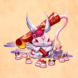 Rule 34 | 2023, :&lt;, :3, ^ ^, animal focus, blush stickers, chinese zodiac, closed eyes, closed mouth, commentary request, crescent print, cup, facial mark, flower, food, forehead mark, hair flower, hair ornament, holding, leonieyue, lotus, mochi, moon, mug, no humans, ookami (game), pink flower, rabbit, shadow, simple background, smoke, speedpaint, whiskers, white wings, wings, year of the rabbit, yellow background