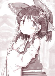 1girl ascot bamboo_broom blurry blurry_background bow broom bug butterfly collared_shirt commentary_request detached_sleeves expressionless frilled_bow frilled_hair_tubes frills hair_bow hair_tubes hakurei_reimu harusame_(unmei_no_ikasumi) holding holding_broom insect light_blush looking_to_the_side medium_hair monochrome ponytail sepia shirt shrine sketch solo touhou upper_body