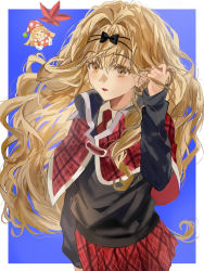 Rule 34 | 2girls, blonde hair, blush, bow, coat, collared shirt, cowboy shot, framed, hair ornament, hairband, highres, holding, holding own hair, kusu kusu (shugo chara!), leaf, long hair, looking at viewer, maple leaf, mashiro rima, multiple girls, nani (s2 nani), necktie, open mouth, pantyhose, ribbon, school uniform, shirt, shugo chara!, skirt, solo, very long hair, wavy hair, white pantyhose, yellow eyes