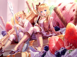1boy 1girl absurdres blonde_hair blue_eyes blueberry blush boots brother_and_sister dress elbow_gloves food fork fruit gloves hair_ribbon hairband highres ice_cream in_food kagamine_len kagamine_rin knee_boots kneehighs looking_at_viewer maple maple_(maplehy) mini_person miniboy minigirl open_mouth oversized_object ponytail ribbon short_hair short_ponytail siblings sitting skirt smile socks strawberry twins vocaloid