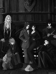 2girls 4boys absurdres addams_family aerith_gainsborough almondtofu_boy black_dress black_hair black_lips black_necktie black_suit bow bowtie braid breasts cait_sith_(final_fantasy) cat closed_mouth cloud_strife commentary dress english_commentary final_fantasy final_fantasy_vii formal_clothes greyscale hand_on_own_hip highres holding holding_knife indoors jacket knife long_hair long_sleeves monochrome multiple_boys multiple_girls necktie parody red_xiii sephiroth short_hair sitting smile standing striped_clothes striped_jacket suit tifa_lockhart twin_braids twitter_username vincent_valentine zack_fair