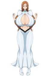 1girl absurdres alternate_breast_size bleach bleach:_sennen_kessen-hen breasts brown_eyes cleavage cleavage_cutout clothing_cutout detached_sleeves female_focus full_body hair_ornament hairclip high_heels highres huge_breasts inoue_orihime long_hair long_skirt looking_at_viewer orange_hair shiny_skin sihkygmojsn simple_background skirt smile variant_set white_background