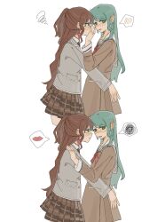 2girls @_@ aqua_hair bang_dream! blush brown_dress brown_hair brown_skirt chara_tomato52 closed_mouth dress ear_blush earrings green_eyes grey_jacket half_updo hanasakigawa_school_uniform haneoka_school_uniform highres hikawa_sayo imai_lisa jacket jewelry long_hair multiple_girls neck_ribbon open_mouth plaid_clothes plaid_skirt pleated_dress pleated_skirt red_ribbon rejected_kiss ribbon sailor_collar sailor_dress school_uniform simple_background skirt spoken_blush spoken_squiggle squiggle white_background white_sailor_collar yuri