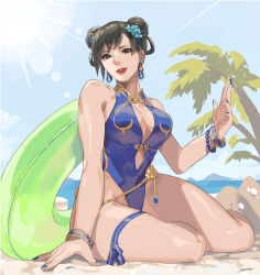 Rule 34 | 1girl, absurdres, blue one-piece swimsuit, bracelet, breasts, brown hair, bun cover, capcom, chun-li, cleavage, day, double bun, flower, hair bun, hair flower, hair ornament, highres, innertube, jewelry, lipstick, makeup, ocean, official alternate costume, one-piece swimsuit, outdoors, sand, sep rina, sitting, street fighter, street fighter 6, sunlight, swim ring, swimsuit, tree, water
