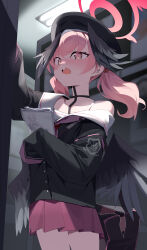 1girl absurdres black_hat blue_archive blush halo hat highres koharu_(blue_archive) low_wings medium_hair off_shoulder open_mouth pink_eyes pink_hair pink_skirt pleated_skirt red_halo school_uniform serafuku short_hair single_off_shoulder skirt solo standing twintails wako_(1194433260) winged_hat wings