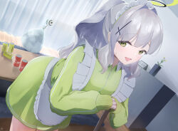 1girl :d absurdres alternate_costume apron black_halo blue_archive blush broom can clock commentary_request cowboy_shot cross_hair_ornament curtains day drink_can enmaided flower frilled_apron frills ganba_artworks green_eyes green_halo green_jacket grey_hair hair_intakes hair_ornament halo hare_(blue_archive) heart heart_in_eye highres indoors jacket jersey_maid leaning_forward long_hair long_sleeves looking_at_viewer maid maid_apron maid_headdress open_mouth ponytail sidelocks sleeves_past_wrists smile solo sweat symbol_in_eye table track_jacket unconventional_maid white_apron
