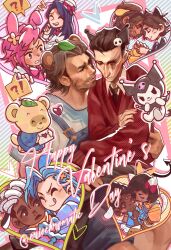 !? 6+boys 6+girls arcane:_league_of_legends arcane_caitlyn arcane_jayce arcane_jinx arcane_vi artist_name beard black_hair black_necktie brown_hair caitlyn_(league_of_legends) carrying carrying_person chibi chococat commentary derivative_work ekko_(league_of_legends) english_commentary english_text eriochromatic facial_hair firelight_ekko happy_valentine heart hello_kitty heterochromia highres jayce_(league_of_legends) jinx_(league_of_legends) kuromi leaf leaf_on_head league_of_legends looking_at_another mel_medarda multiple_boys multiple_girls my_melody necktie overalls pochacco pokopon_nikki pompompurin red_sweater sanrio scar scar_across_eye scar_on_face sevika_(arcane) shirt silco_(arcane) speech_bubble sweater swept_bangs tuxedo_sam twitter_username usahana vander_(arcane) vi_(league_of_legends) viktor_(arcane) viktor_(league_of_legends) white_shirt