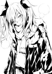 Rule 34 | 1girl, absurdres, arimura hinae, belt, belt buckle, breath, buckle, casual, chaos;child, coat, greyscale, hair ribbon, head tilt, highres, looking at viewer, monochrome, ribbon, scarf, science adventure, skirt, solo, twintails, two side up, winter clothes, yakku