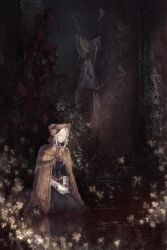 1girl ascot blood bloodborne bonnet brown_cloak brown_eyes cloak closed_eyes commentary corset doll_joints double-parted_bangs english_commentary eyeshadow facing_viewer flower frilled_corset frills hands_on_lap hat hat_flower head_tilt highres huanyan420112 jewelry joints lady_maria_of_the_astral_clocktower long_hair looking_to_the_side makeup necklace own_hands_clasped own_hands_together painting_(object) picture_frame plain_doll red_ascot shirt sidelocks signature simple_background sitting solo upper_body white_hair white_shirt yellow_flower