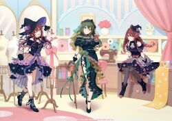 3girls alstroemeria_(idolmaster) belt blue_hair book boots braid brown_eyes brown_hair cane center_frills chair crescent crescent_hair_ornament dress english_text flower_pot frills glasses gloves hair_ornament hat high_heels idolmaster idolmaster_shiny_colors kuwayama_chiyuki mannequin mini_hat mirror multicolored_hair multiple_girls official_art one_eye_closed osaki_amana osaki_tenka red_hair sewing_machine thread witch_hat yellow_eyes