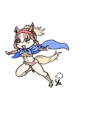 Rule 34 | 1girl, abs, animal ears, bare shoulders, blue cape, blush, brown buruma, brown hair, brown sleeves, brown socks, brown sports bra, buruma, cape, chestnut thoroughbred (kemono friends), closed eyes, detached sleeves, extra ears, headband, headgear, horse ears, horse girl, horse tail, kemono friends, kishida shiki, midriff, multicolored hair, navel, open mouth, photo-referenced, ponytail, red headband, running, shoes, short hair, smile, sneakers, socks, solo, sports bra, sportswear, tail, two-tone hair, white hair, white shoes