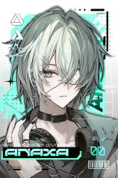 1boy absurdres anaxa_(honkai:_star_rail) bccch123 black_choker black_nails border character_name choker closed_mouth commentary eyepatch green_background green_eyes green_hair green_shirt hair_between_eyes hand_up hashtag-only_commentary headphones headphones_around_neck highres honkai:_star_rail honkai_(series) long_sleeves looking_at_viewer male_focus nail_polish outside_border portrait shirt short_hair solo white_border