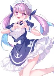 1girl anchor_ornament anchor_print anchor_symbol ankle_cuffs blue_bow bow bowtie braid cleavage_cutout clothing_cutout colored_inner_hair commentary dress feet_out_of_frame framed_breasts frilled_dress frills hair_bow heart heart_hands highres hololive leg_up long_hair maid maid_headdress minato_aqua minato_aqua_(1st_costume) multicolored_hair open_mouth pink_eyes pink_hair puffy_short_sleeves puffy_sleeves shinomiya_ino short_dress short_sleeves simple_background solo standing streaked_hair twintails two-tone_hair unconventional_maid virtual_youtuber white_background white_bow wrist_cuffs