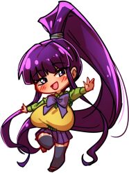 1girl absurdres ayanobro blush bow bowtie breasts chibi chibi_only eiken highres huge_breasts leg_up long_hair misono_kirika open_mouth outstretched_arms ponytail purple_eyes purple_hair school_uniform sidelocks skirt solo thighhighs very_long_hair