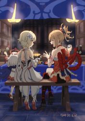 3girls arm_tattoo asymmetrical_legwear bandages bench blonde_hair boots chest_sarashi choker closed_eyes cup dango dated dress flower food food_stand full_body genshin_impact geta hadanugi_dousa hair_flower hair_ornament halo highres holding holding_cup holding_food japanese_clothes kimono lantern looking_at_another lumine_(genshin_impact) multiple_girls nail_polish open_kimono open_mouth orange_kimono orange_nails paimon_(genshin_impact) pink_halo ponytail red_rope rope sanshoku_dango sarashi short_hair short_hair_with_long_locks single_bare_shoulder sitting tattoo thigh_boots tree_bowbow wagashi white_dress white_flower white_hair yatai yellow_eyes yoimiya_(genshin_impact)