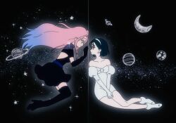 2girls alien_stage back_cutout black_boots black_dress black_gloves black_hair blue_hair bob_cut boots clothing_cutout commentary crescent_moon dress earrings elbow_gloves english_commentary gloves gradient_hair hairband jewelry juliet_sleeves long_hair long_sleeves mizi_(alien_stage) moon multicolored_hair multiple_girls oracc_liu pink_hair planet planetary_ring puffy_sleeves purple_eyes short_hair sitting space star_(sky) sua_(alien_stage) thigh_boots two-tone_hair very_long_hair white_boots white_dress white_gloves white_hairband yellow_eyes