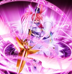 Rule 34 | 1girl, absurdres, bow, energy wings, female focus, fingerless gloves, gloves, highres, huge filesize, lyrical nanoha, magazine (weapon), magic circle, magical girl, mahou shoujo lyrical nanoha, mahou shoujo lyrical nanoha a&#039;s, purple eyes, raising heart, red bow, red hair, solo, takamachi nanoha, tom (1art.), twintails, white devil