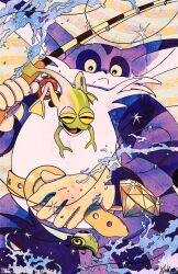 1boy animal_ears artist_name belly big_the_cat cat_boy cat_ears closed_mouth commentary english_commentary everlasting_ash fat fat_man fishing_rod frog furry furry_male gem gloves highres holding holding_fishing_rod looking_at_animal male_focus open_mouth sonic_(series) sparkle water yellow_gloves